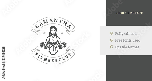 Smiling abs biceps muscular woman training body with dumbbells vintage logo design template vector