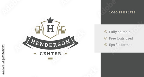 Premium fitness center logo design template heraldic shield crown with dumbbell vector illustration