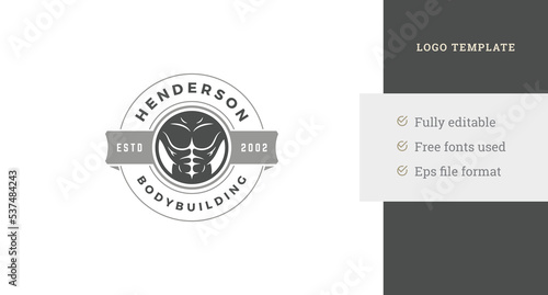 Athletic male torso abs muscle silhouette fitness club circle vintage logo design template vector