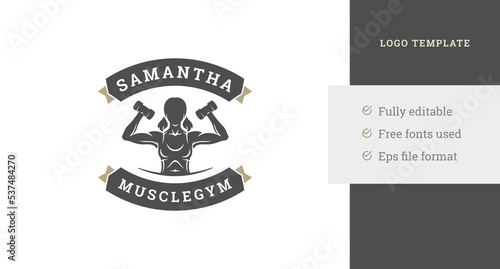 Athletic woman training barbells silhouette fitness center logo design template vector illustration