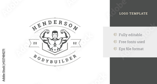Strong muscular man performing biceps fitness club retro logo design template vector illustration