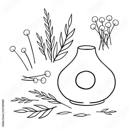 flowers leaves and modern minimalistic ceramic vase hand drawn linear monochrome illustration element set isolated on white background