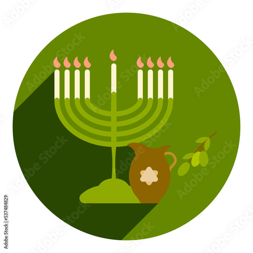 menorah and a jug of olive oil. icon, logo in flat style of menorah and jug. flat green with shadow logo. icon for hanukkah. web browser icon.