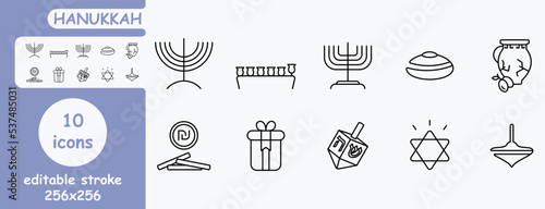 hanukkah outline icons set. icons for web browser. icons: donut, dreidel, magen david and others.