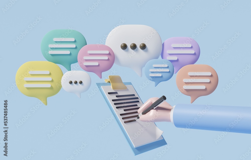 Hand taking note from speech bubbles, summary or conclusion during business meeting or group discussion, writing importance information from team project gathering concept, 3d render illustration. Hand taking note from speech bubbles, summary or conclusion during business meeting or group discussion, writing importance information from team project gathering concept, 3d render illustration.