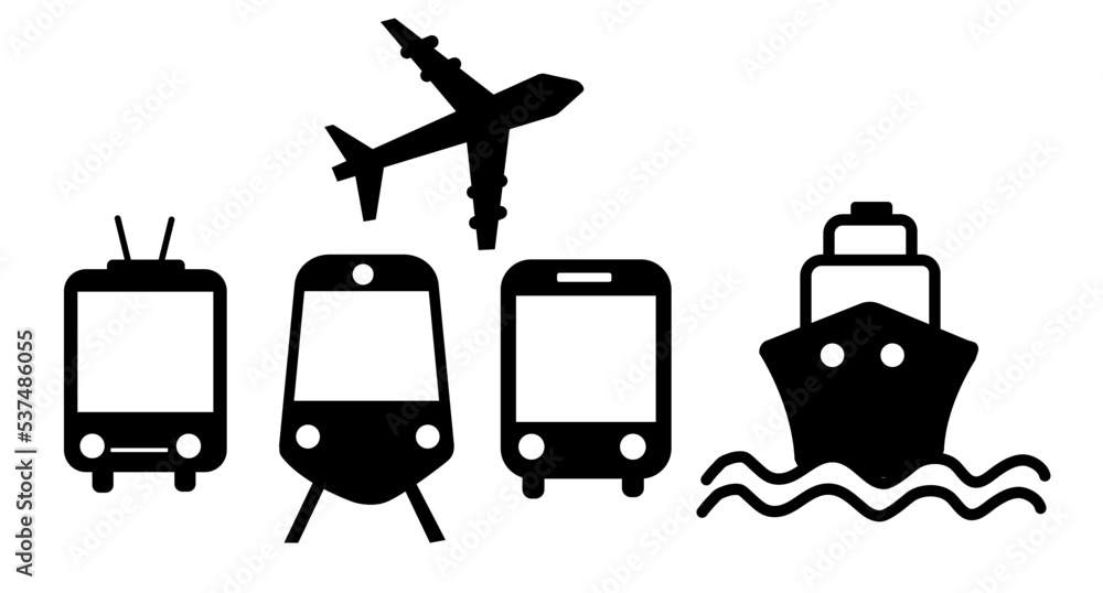 Transport icons for airplanes, public buses, trains, boats/ferries and ...