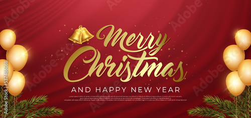 Merry christmas and happy new year holiday greeting card luxury design on red background