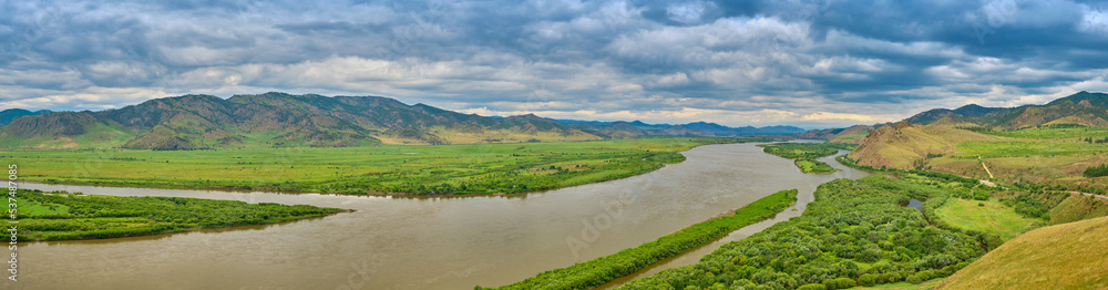 View of the Selenga River from Mount Omulevaya near the city of Ulan-Ude, Republic of Buryatia, Russia.