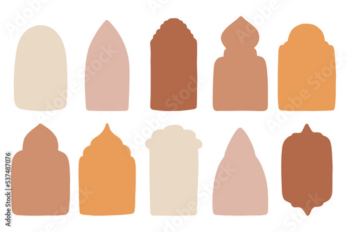 Collection of islamic windows and arches in oriental style with modern boho design, moon, mosque dome and lanterns. Vector illustration.