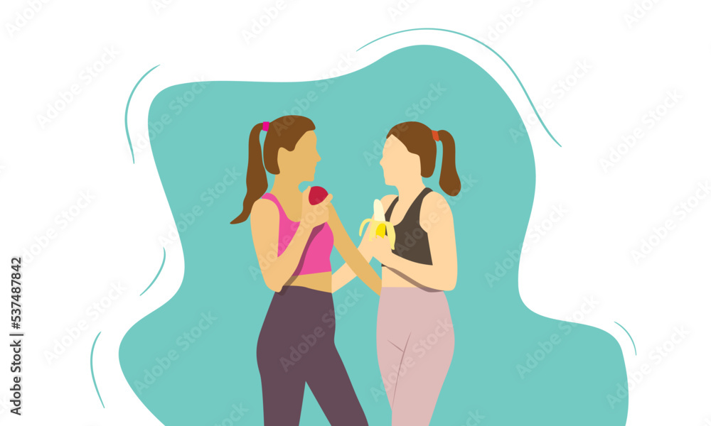 People sporting with healthy food. Concept of healthy habits, active lifestyle, fitness training, dietary nutrition, outdoor workout. Modern flat vector illustration. People sporting with healthy food. Concept of healthy habits, active lifestyle, fitness training, dietary nutrition, outdoor workout. Modern flat vector illustration.