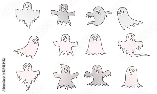 Halloween party ghosts, good ghosts, white color, gradient effect and neutral background. 