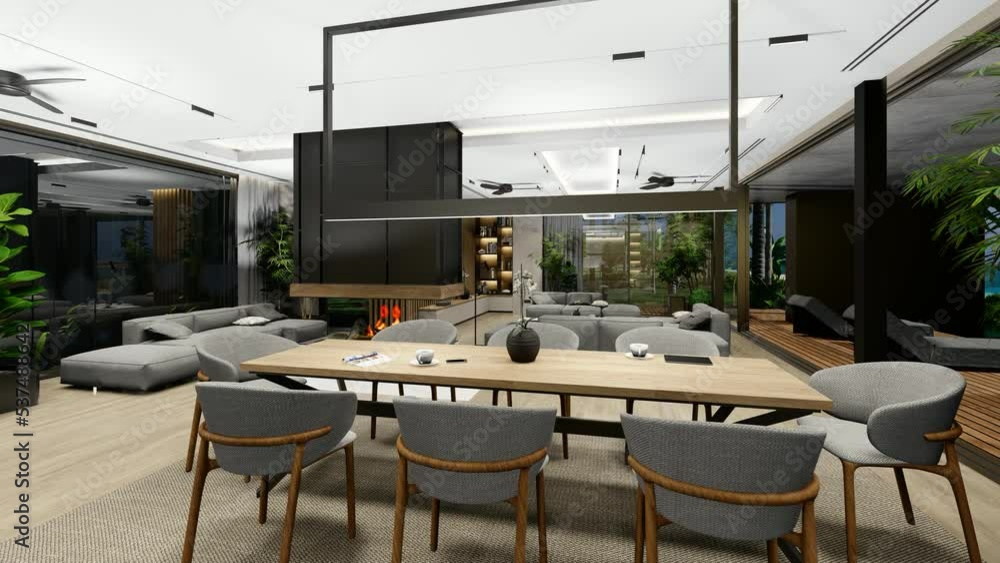 4K video rendering of modern cozy interior with living,dining zone stair and kitchen for sale or rent with wood plank by the sea or ocean. Spacious apartments with expensive furniture and equipment. 4K video rendering of modern cozy interior with living,dining zone stair and kitchen for sale or rent with wood plank by the sea or ocean. Spacious apartments with expensive furniture and equipment.