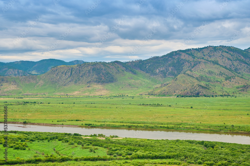 View of the Selenga River from Mount Omulevaya near the city of Ulan-Ude, Republic of Buryatia, Russia.