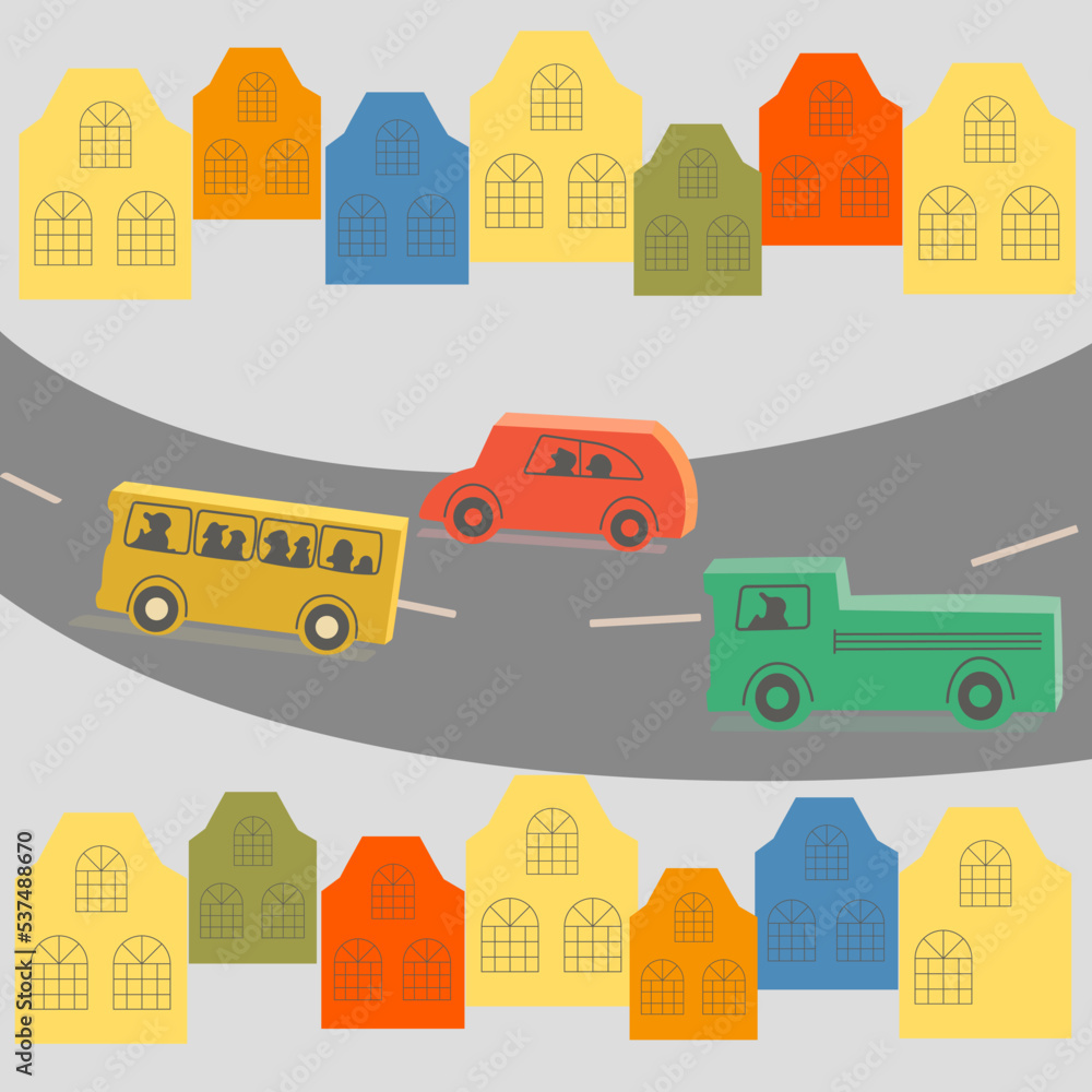 Houses and cars on the road in the city in cartoon style