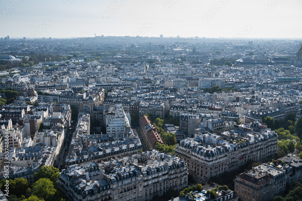 Panoramic view from second floor of Eiffel tower in Paris. View of the buildings, parks