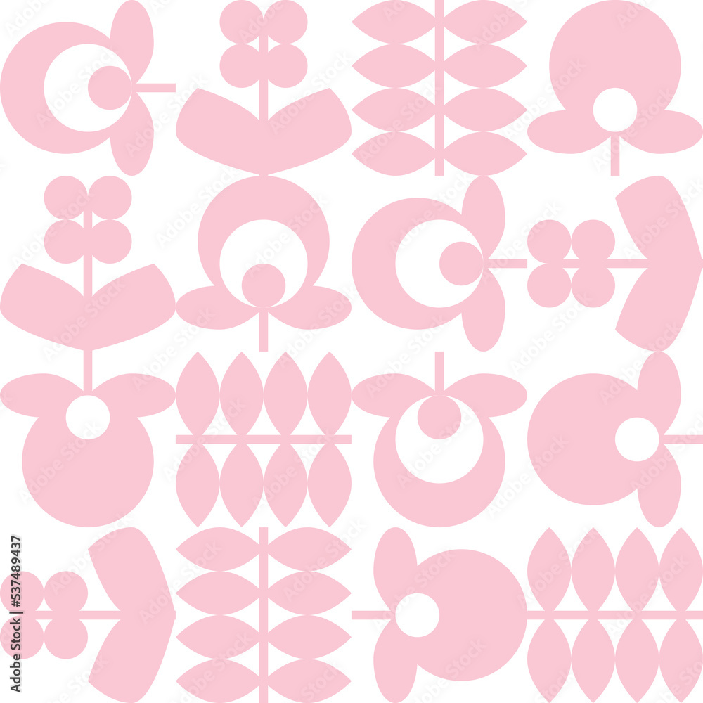 Modern vector abstract  geometric background with stylized flowers, leaves and stems  in retro vintage folklore style. Pastel colored simple shapes graphic seamless pattern.