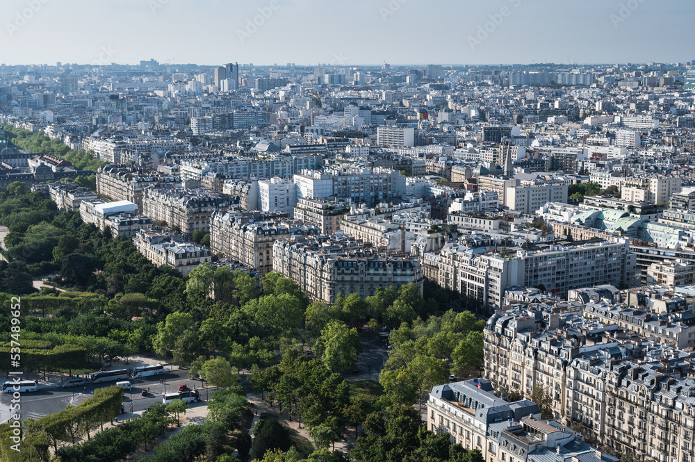 Panoramic view from second floor of Eiffel tower in Paris. View of the buildings, parks