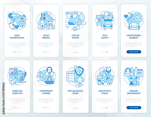 Traveling with pets blue onboarding mobile app screen set. Safety tips walkthrough 5 steps editable graphic instructions with linear concepts. UI, UX, GUI template. Myriad Pro-Bold, Regular fonts used