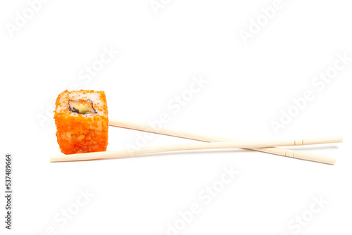Sushi rolls japanese food with chopsticks isolated on white