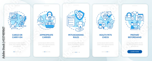 Fly with pets blue onboarding mobile app screen. Airline requirements walkthrough 5 steps editable graphic instructions with linear concepts. UI, UX, GUI template. Myriad Pro-Bold, Regular fonts used