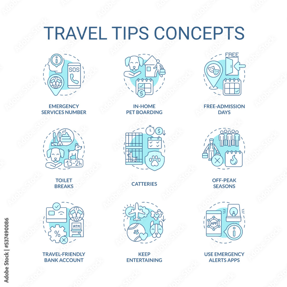 Travel tips turquoise concept icons set. Safety trip with pets. Moving abroad advices idea thin line color illustrations. Isolated symbols. Editable stroke. Roboto-Medium, Myriad Pro-Bold fonts used