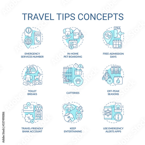 Travel tips turquoise concept icons set. Safety trip with pets. Moving abroad advices idea thin line color illustrations. Isolated symbols. Editable stroke. Roboto-Medium, Myriad Pro-Bold fonts used