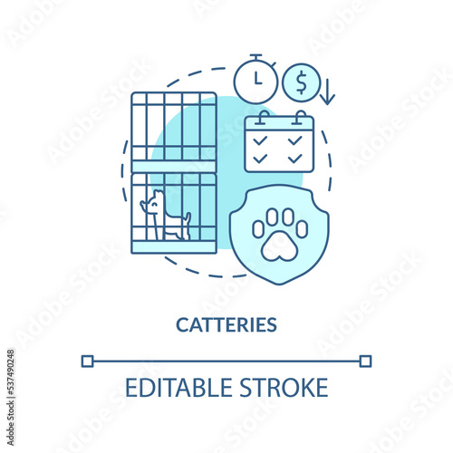 Catteries turquoise concept icon. Pet care services. Animal grooming house. Kennels abstract idea thin line illustration. Isolated outline drawing. Editable stroke. Arial, Myriad Pro-Bold fonts used