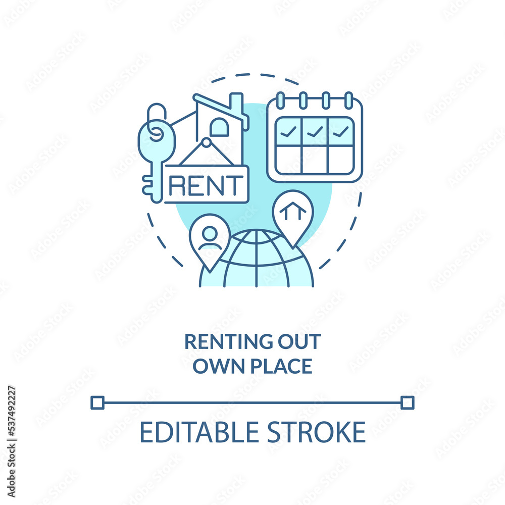 Renting out own place turquoise concept icon. Offset travel costs. Find tenants abstract idea thin line illustration. Isolated outline drawing. Editable stroke. Arial, Myriad Pro-Bold fonts used Renting out own place turquoise concept icon. Offset travel costs. Find tenants abstract idea thin line illustration. Isolated outline drawing. Editable stroke. Arial, Myriad Pro-Bold fonts used