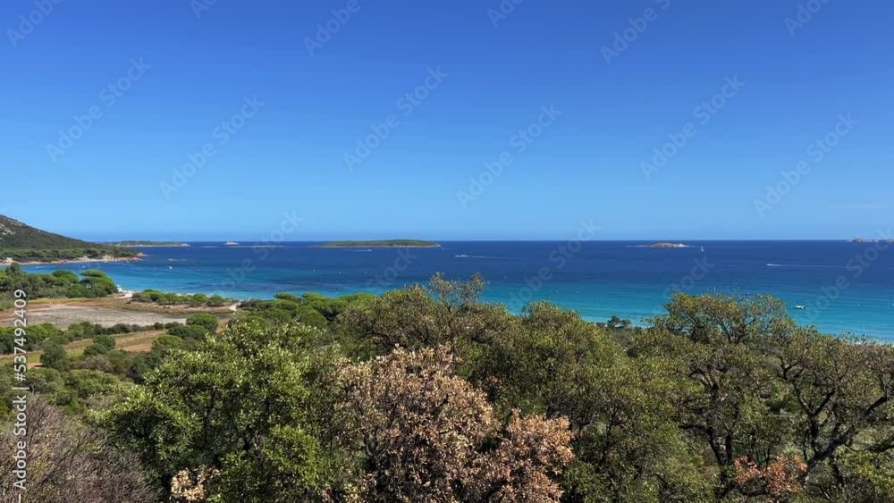 Aerial panning view of famous Palombaggia beach in south Corsica surrounded by pine trees with azure and blue clear sea water in background , France Aerial panning view of famous Palombaggia beach in south Corsica surrounded by pine trees with azure and blue clear sea water in background , France