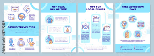 Saving travel tips turquoise brochure template. Trip budget. Leaflet design with linear icons. Editable 4 vector layouts for presentation, annual reports. Arial-Black, Myriad Pro-Regular fonts used