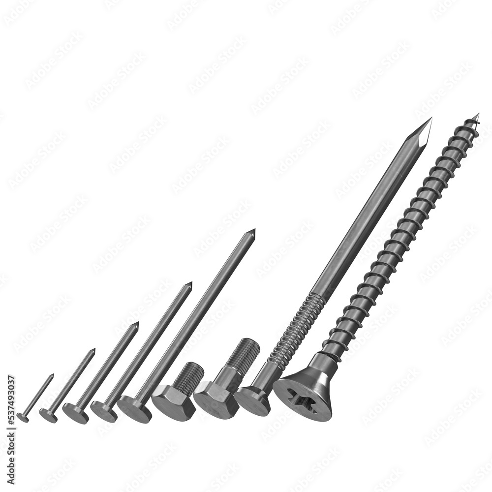 3d rendering illustration of some iron nails and screws 3d rendering illustration of some iron nails and screws
