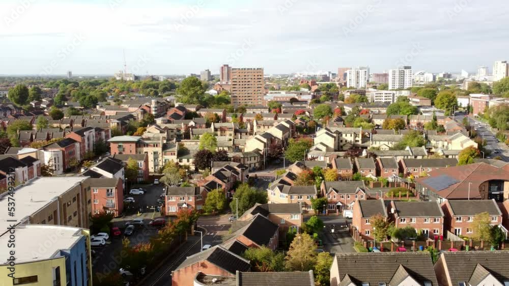 Manchester city suburban Hulme neighbourhood residential district rooftops aerial panorama view Manchester city suburban Hulme neighbourhood residential district rooftops aerial panorama view