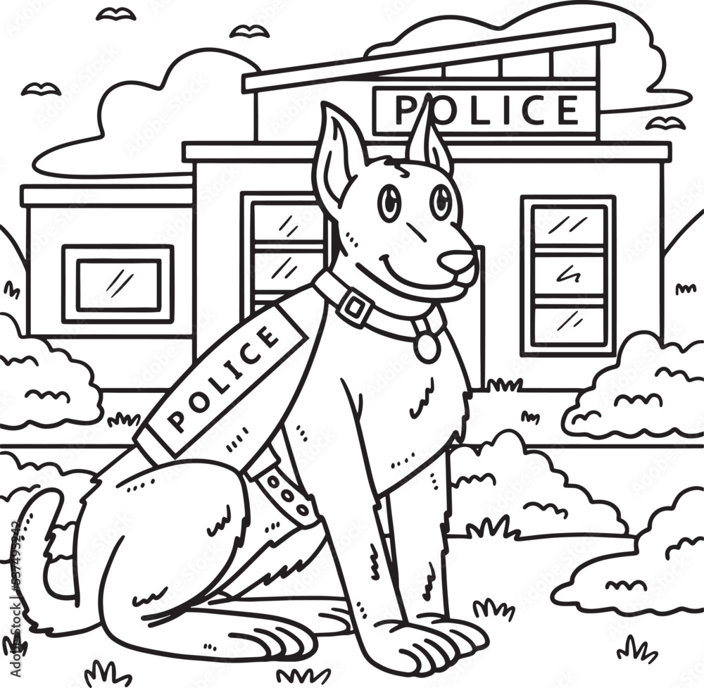 Police Dog Coloring Page for Kids Stock Vector | Adobe Stock