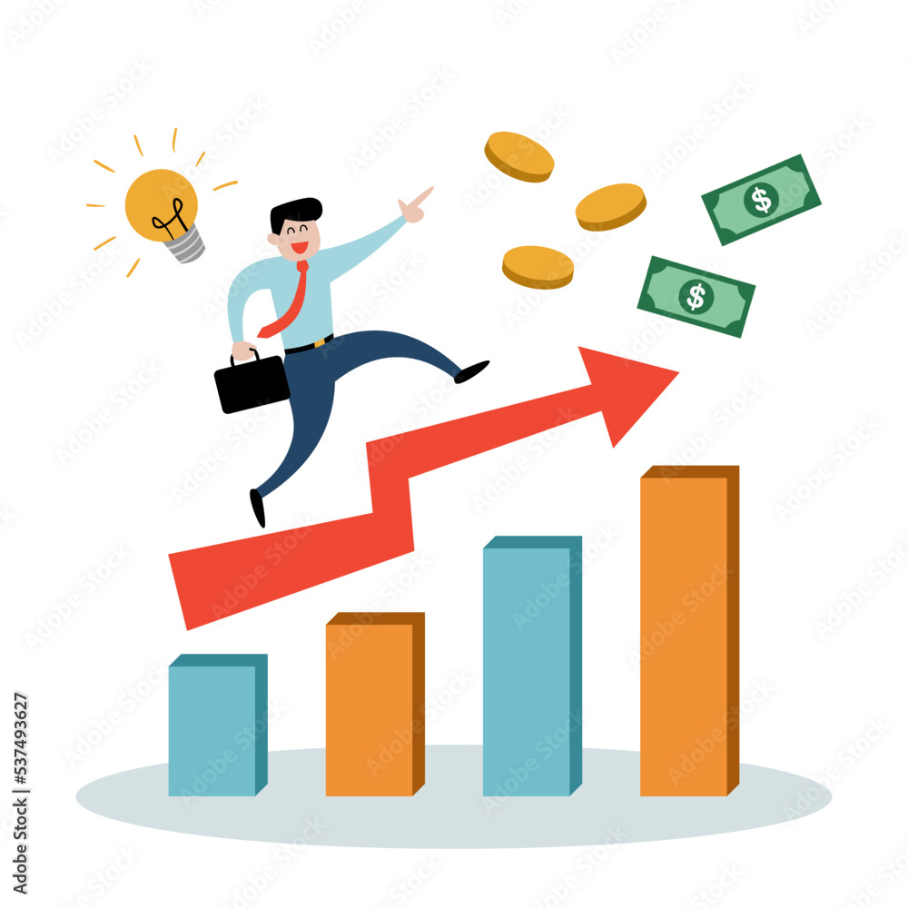 Businessman with chart graph line to goal to achieve success. Investment profit growth. leadership. business concept. Vector Illustration Businessman with chart graph line to goal to achieve success. Investment profit growth. leadership. business concept. Vector Illustration