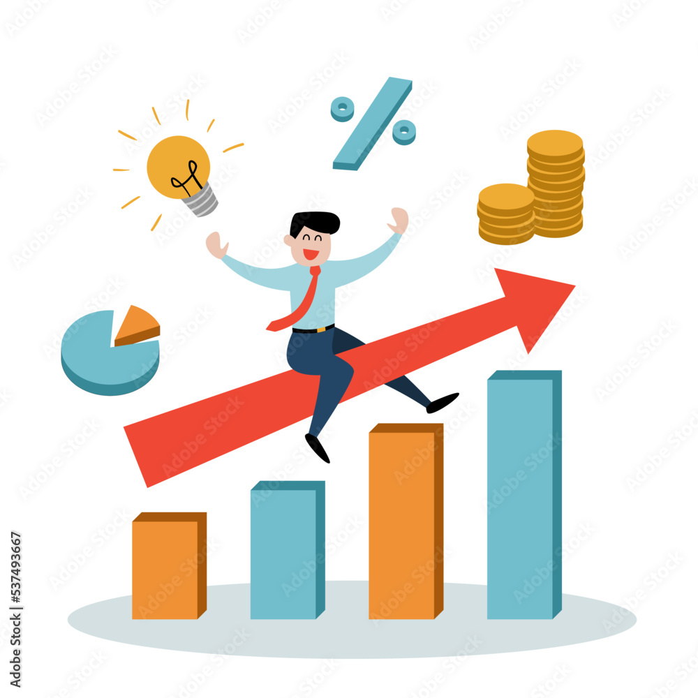 Businessman with chart graph line to goal to achieve success. Investment profit growth. leadership. business concept. Vector Illustration Businessman with chart graph line to goal to achieve success. Investment profit growth. leadership. business concept. Vector Illustration