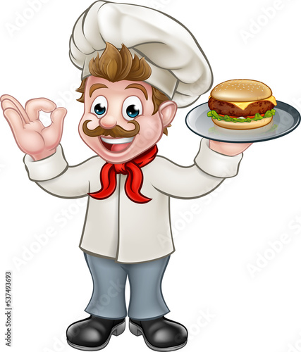 Chef Holding Burger Cartoon...