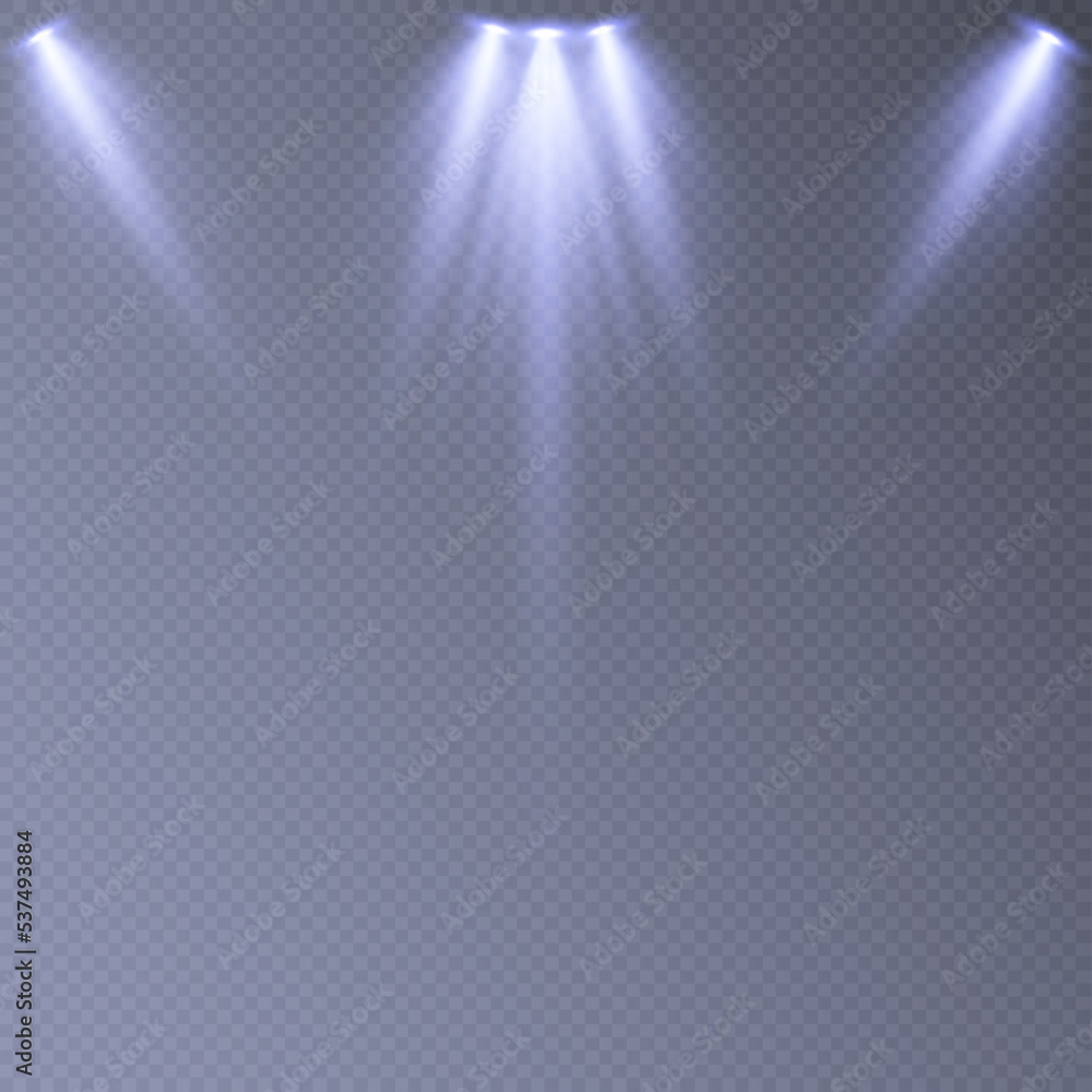 Light decor elements with transparent light spotlight beams for highlighting on a transparent backgr