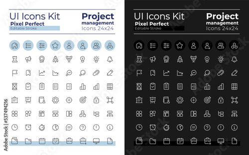 Project management pixel perfect linear ui icons kit for dark, light mode. Business strategy. Outline isolated user interface elements for night, day themes. Editable stroke. Poppins font used