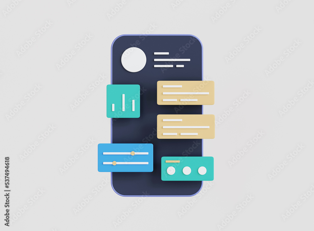 Fototapeta premium 3D mobile app development. Mobile web design and user interface optimization concept. 3D rendering.