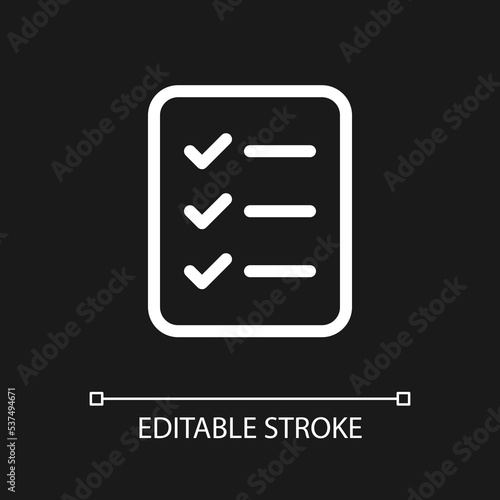 Checklist of tasks pixel perfect white linear ui icon for dark theme. Project management. Vector line pictogram. Isolated user interface symbol for night mode. Editable stroke. Poppins font used © bsd studio
