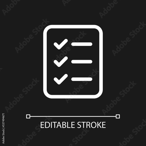 Checklist of tasks pixel perfect white linear ui icon for dark theme. Project management. Vector line pictogram. Isolated user interface symbol for night mode. Editable stroke. Poppins font used