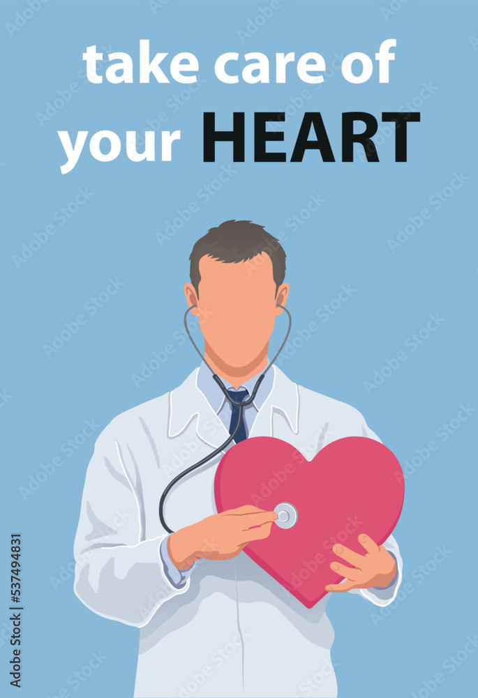 Male doctor using stethoscope on big red heart vector illustration ...