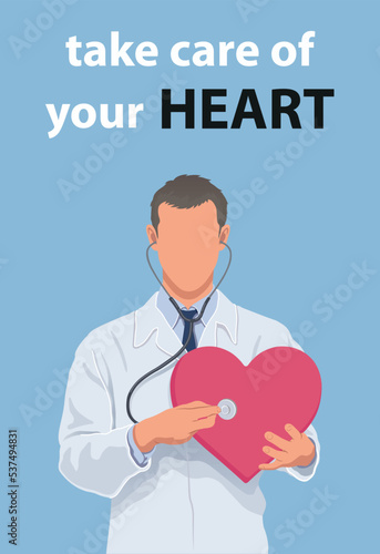 Male doctor using stethoscope on big red heart vector illustration infographic