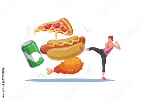 Fit woman kicking junk foods vector illustration