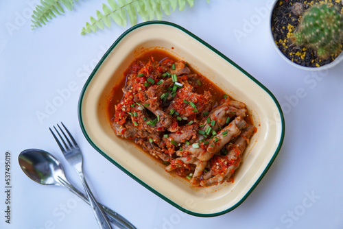 Seblak is a Southeast Asian savoury and spicy dish, originating from Indonesia, made of wet krupuk (traditional Indonesian crackers) cooked with protein and sometimes chicken feet added. Isolated