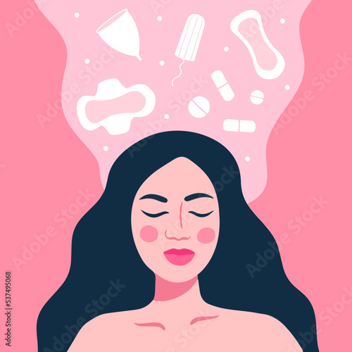 Female menstruation concept. Women with period and hygiene product sanitary pads, menstrual cup and tampon