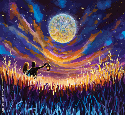 Romantic oil painting lovers on night field in tall grass by light of lanterns meeting starry night at sunset with big moon - Fantasy love art Modern impressionism painting.