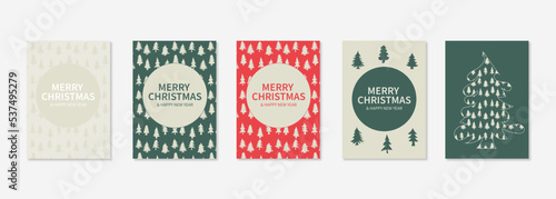 Set of vector merry christmas and happy new year cards, illustrated Trees, Soft colours in green, red and beige.