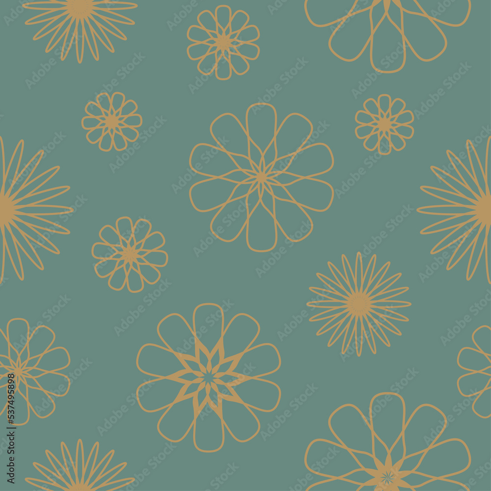 A seamless floral pattern in retro style, 70s wallpaper, geometrical daisies on a turquoise background