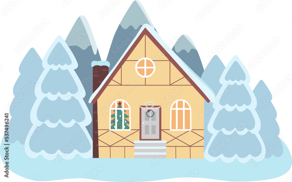 Vector illustration of isolated decorated buildings, New Year and Christmas houses on nature background. Holiday and celebration, winter architecture Vector illustration of isolated decorated buildings, New Year and Christmas houses on nature background. Holiday and celebration, winter architecture